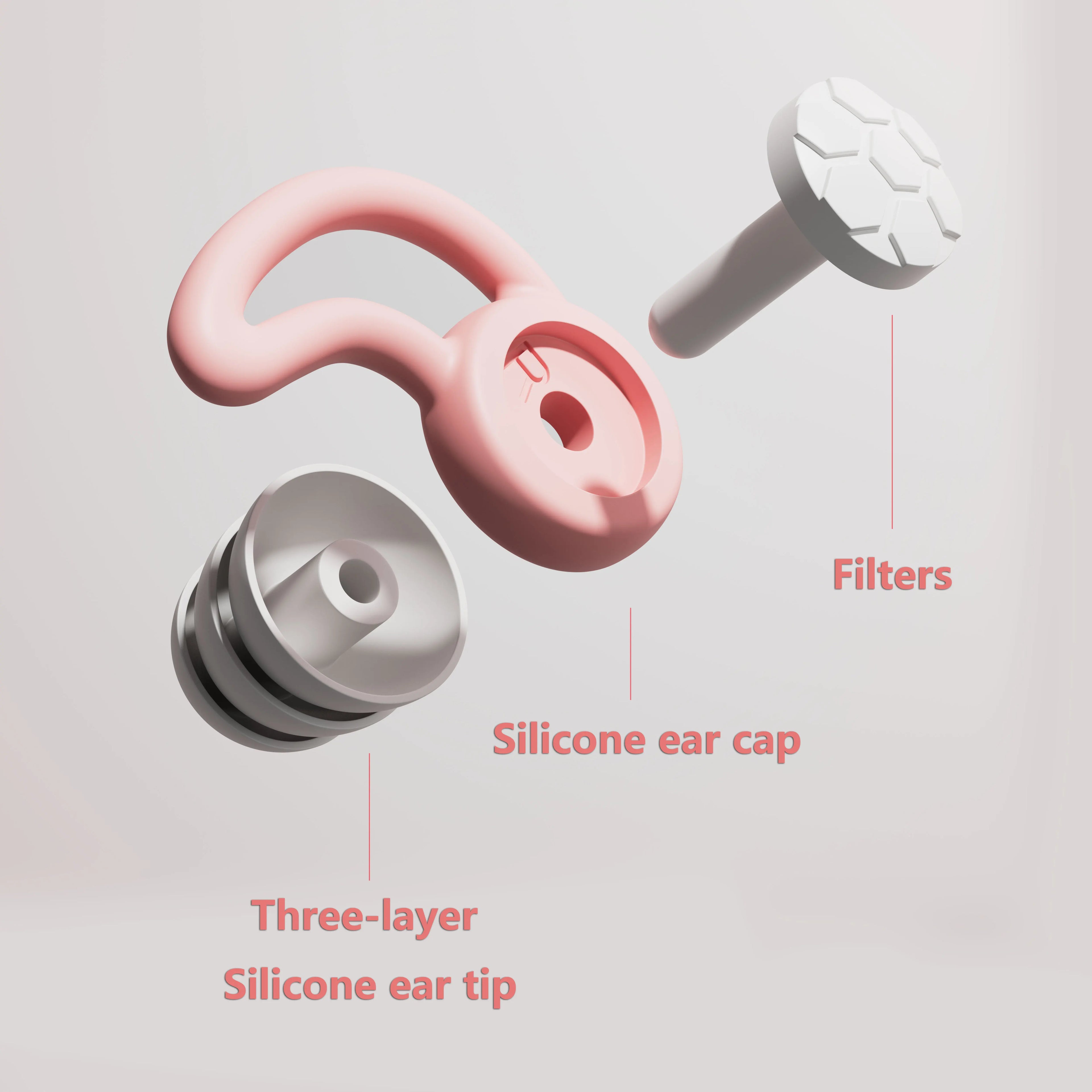 Exploded view of a triple-layer sleep earplug showing the silicone ear cap separated from the three-layer silicone tip