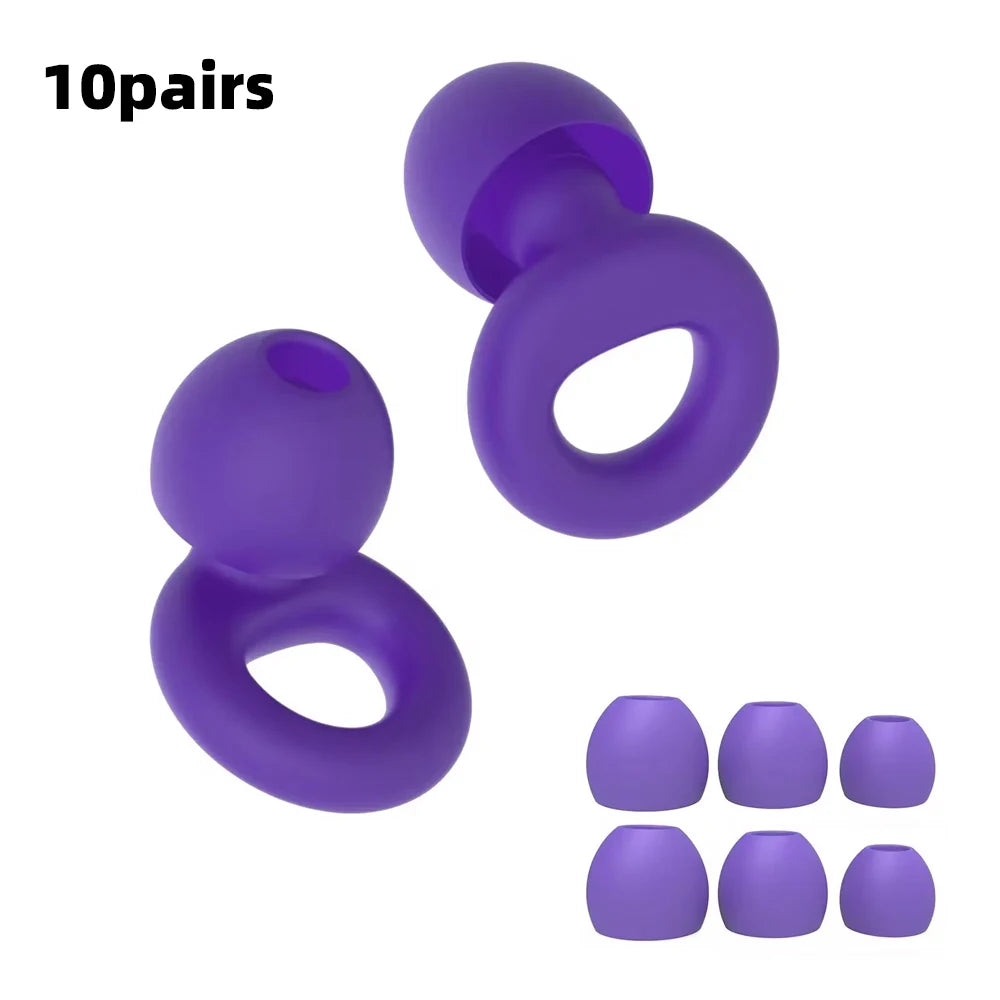 Ten pairs of purple reusable silicone earplugs