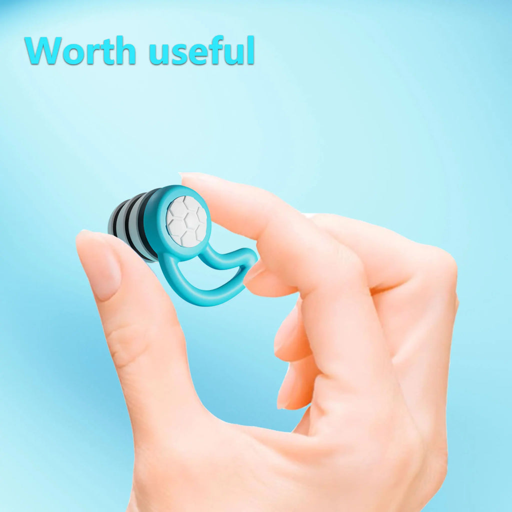 A hand holding a turquoise triple-layer silicone sleep earplug
