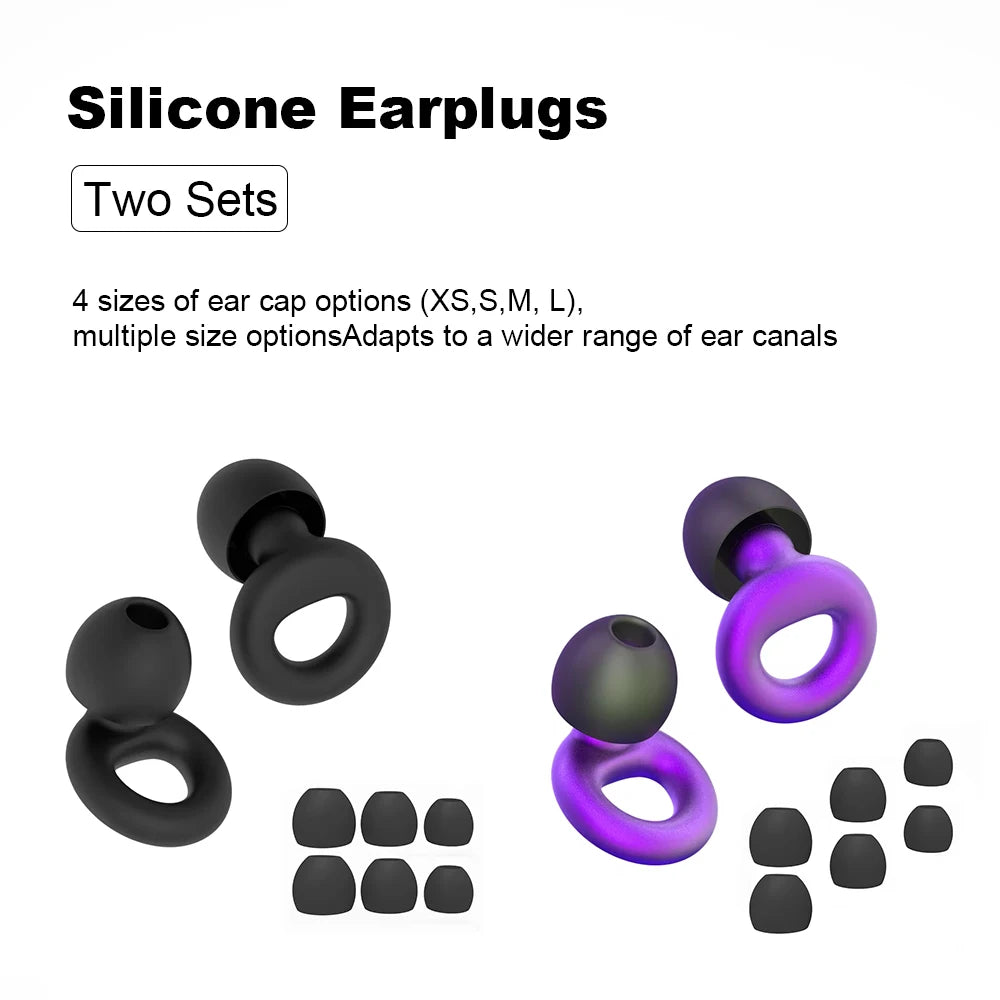 Two-tone reusable silicone earplugs in black and lilac