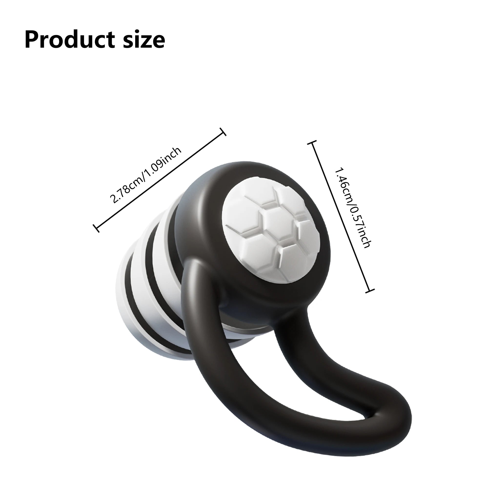 Dimensions of a triple-layer sleep earplug: 2.78 cm long by 1.44 cm wide