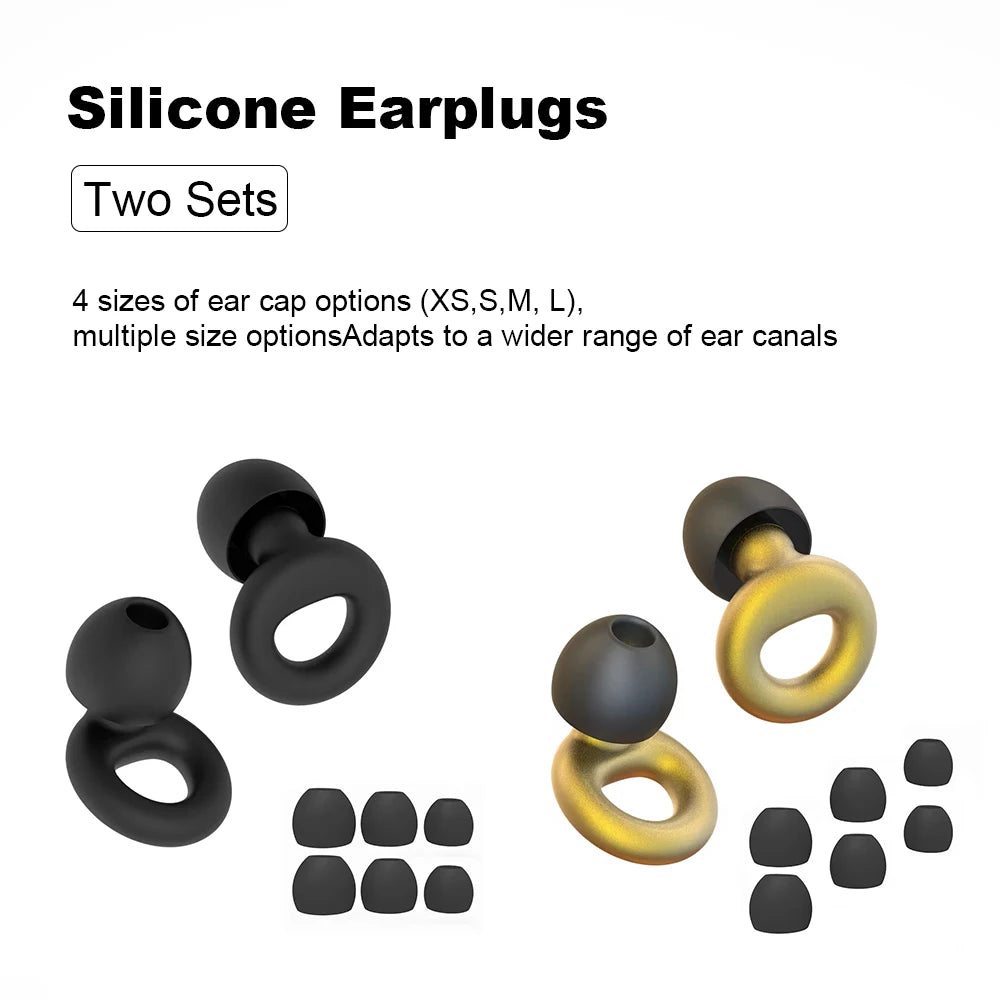 Two sets of silicone earplugs, one black and one gold, each shown with four ear cap sizes