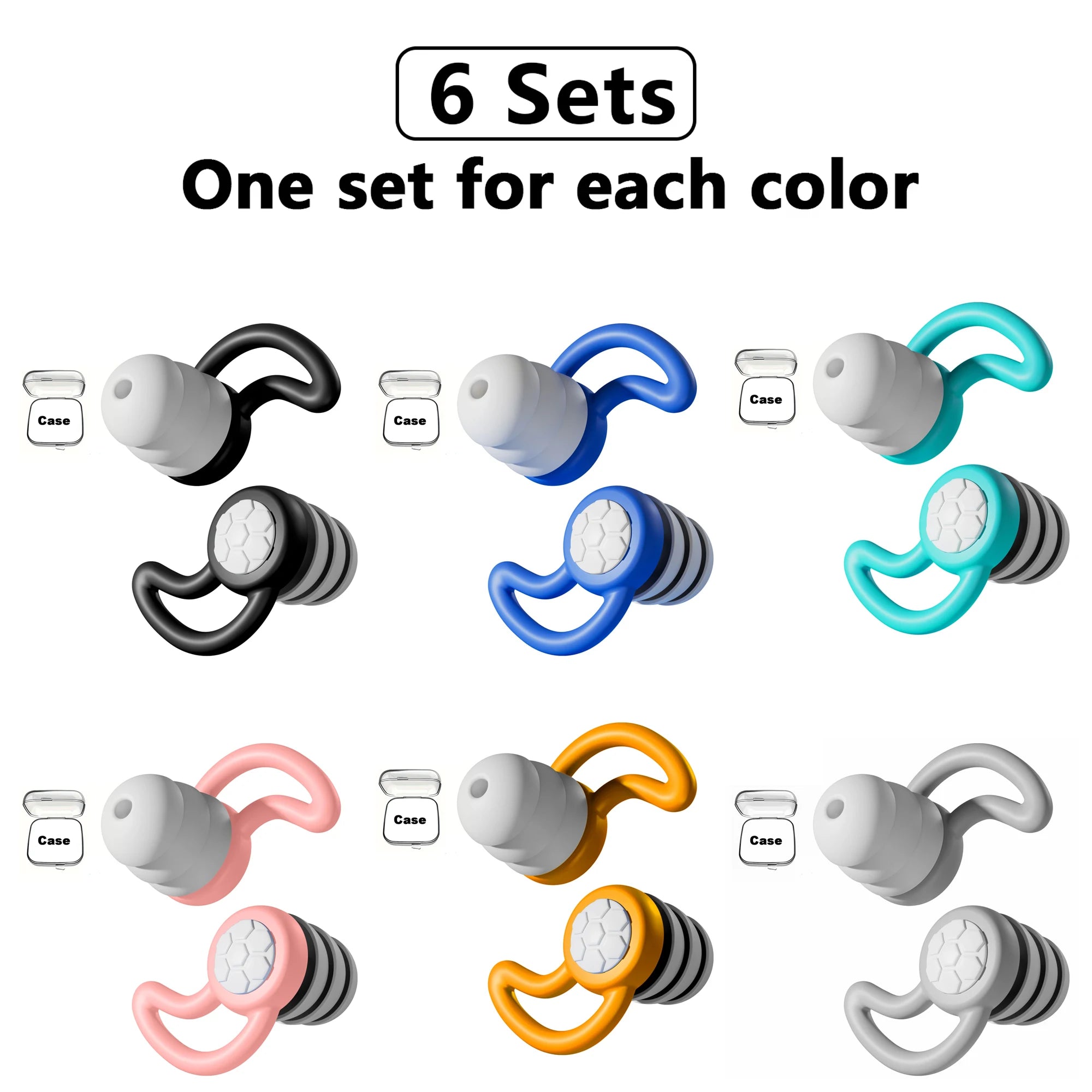 Six pairs of triple-layer silicone sleep earplugs in mixed colours