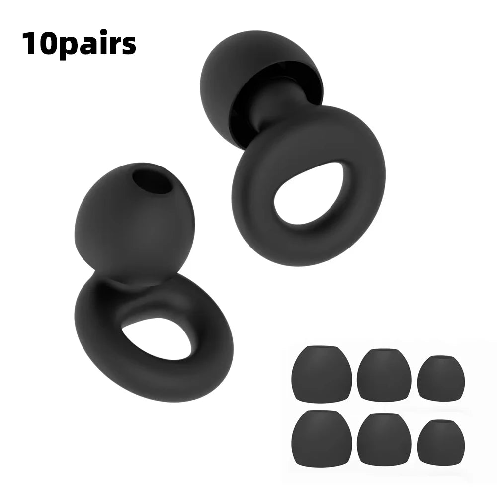 Ten pairs of black reusable silicone earplugs