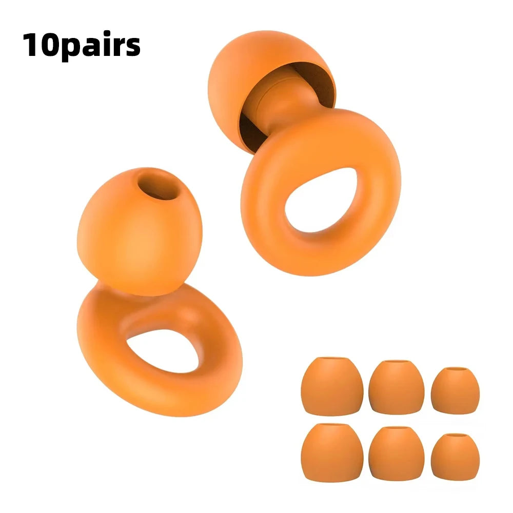 Ten pairs of orange reusable silicone earplugs