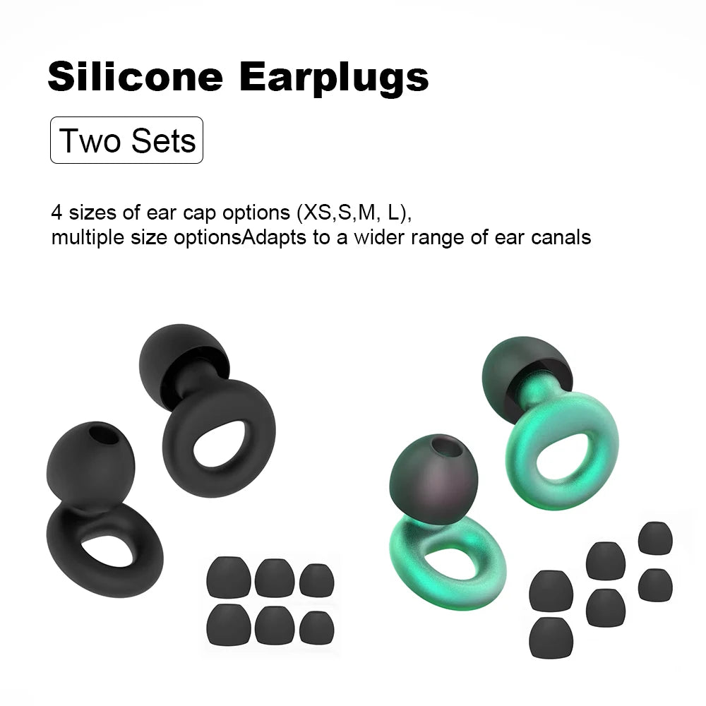 Two sets of silicone earplugs, one black and one green, each shown with four ear cap sizes