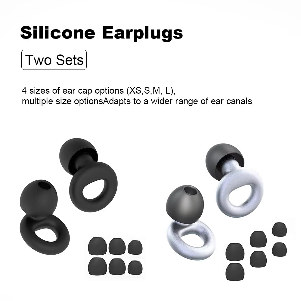 Two-tone reusable silicone earplugs in black and silver