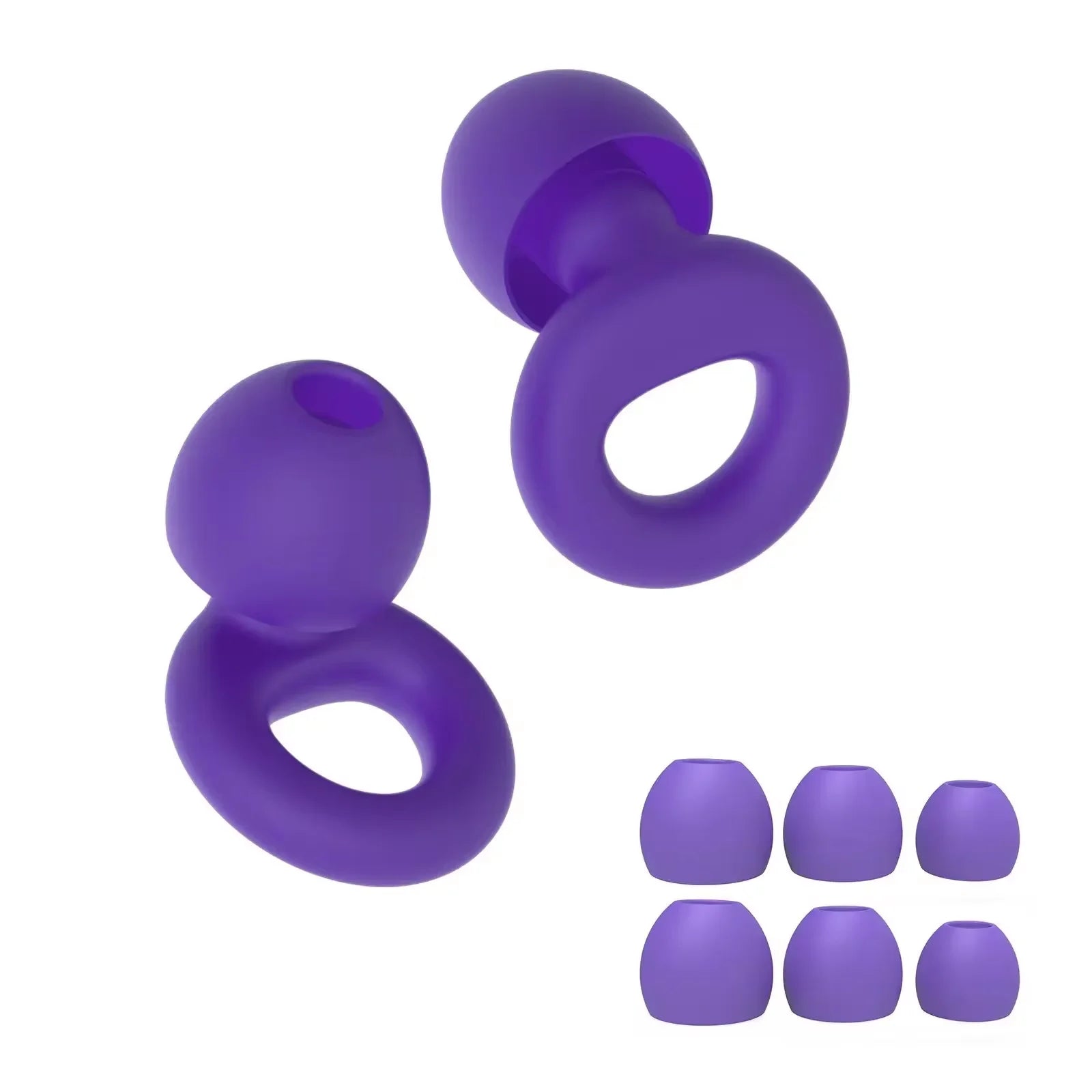 Purple reusable silicone earplugs with six matching spare tips