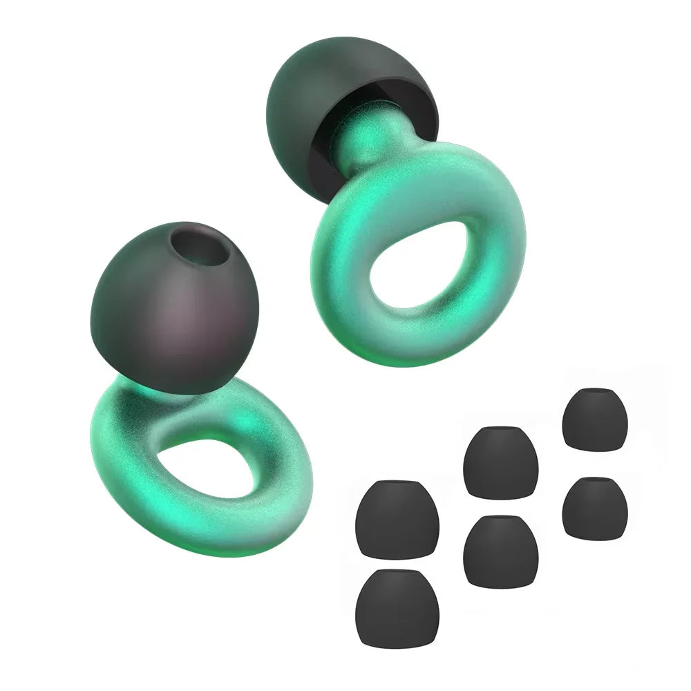Green metallic reusable silicone earplugs with spare tips