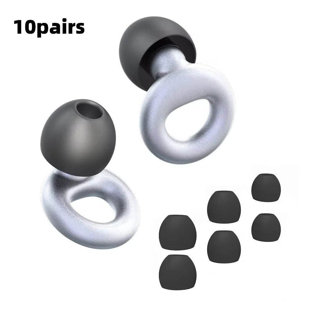 Ten pairs of silver metallic reusable silicone earplugs