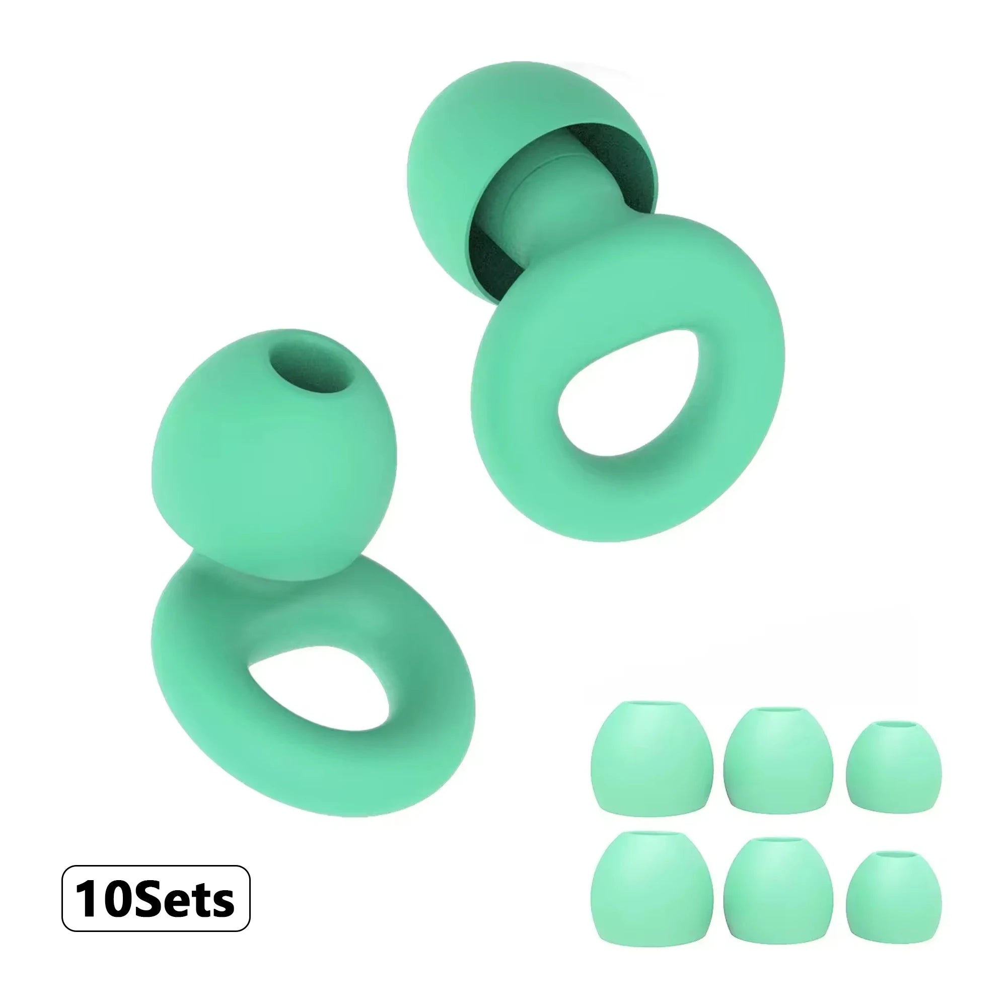 Mint green reusable silicone earplugs with six matching spare tips