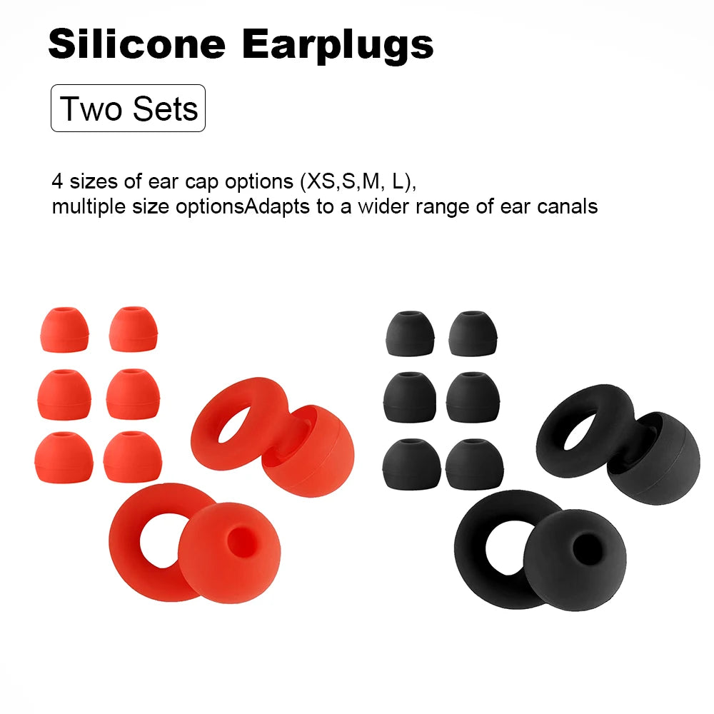 Two sets of silicone earplugs, one red and one black, each shown with four ear cap sizes