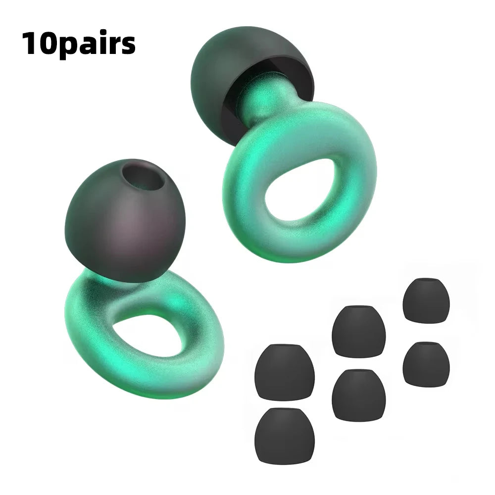 Ten pairs of green metallic reusable silicone earplugs