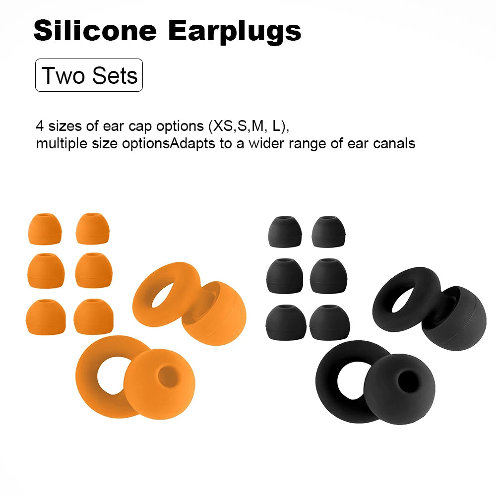 Two-tone reusable silicone earplugs in black and orange