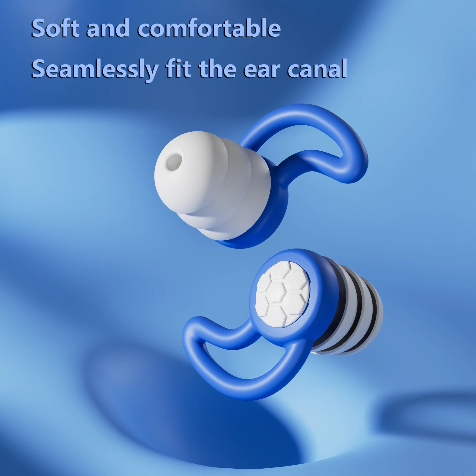 Close-up of a blue triple-layer silicone sleep earplug on a blue background