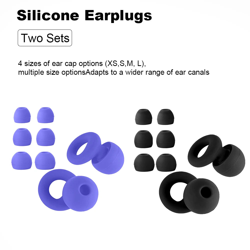 Two sets of earplugs, one periwinkle blue and one black, with four tip sizes each