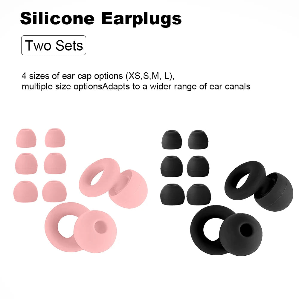 Two sets of earplugs, one pink and one black, with four tip sizes each