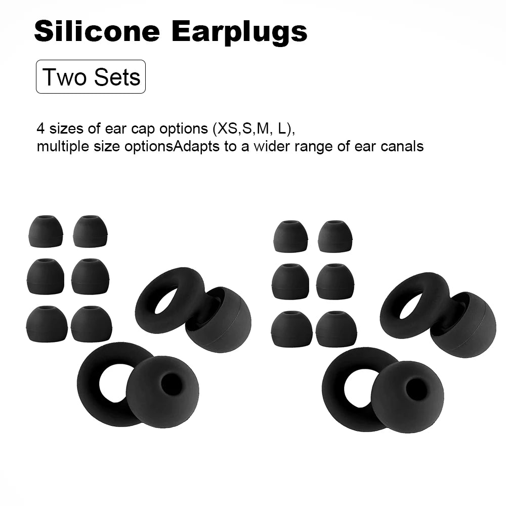 Two black sets of earplugs with four tip sizes each