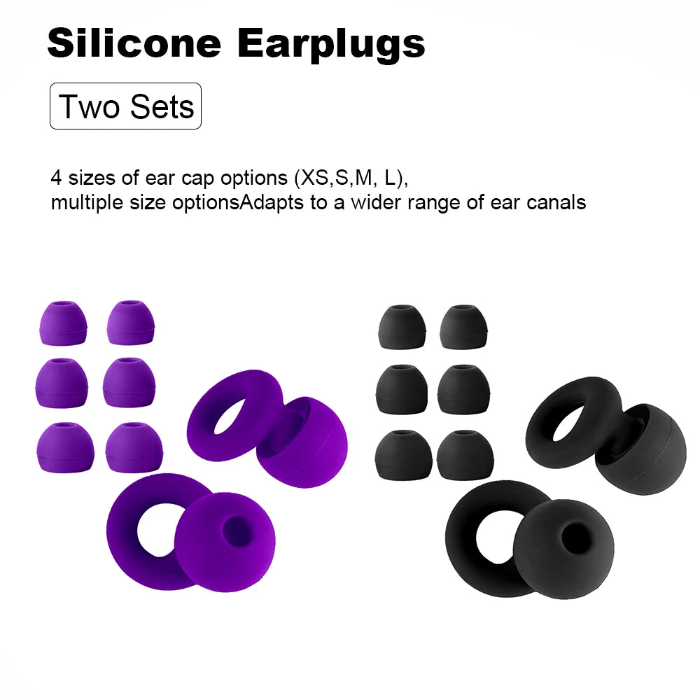 Two-tone reusable silicone earplugs in black and purple