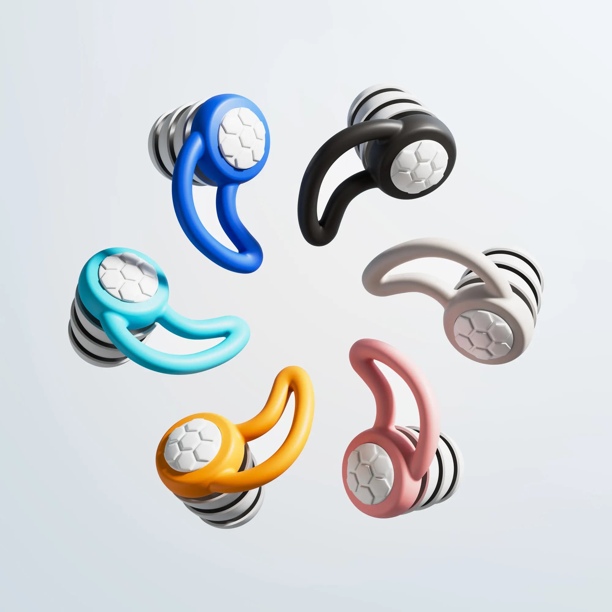 Triple-layer silicone sleep earplugs in blue, black, turquoise, taupe, orange and pink