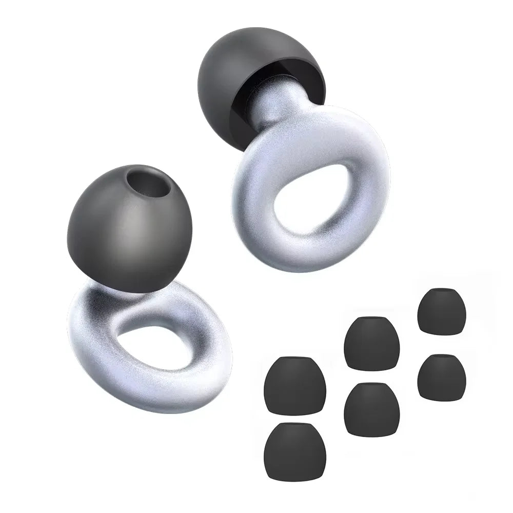 Silver metallic reusable silicone earplugs with spare tips