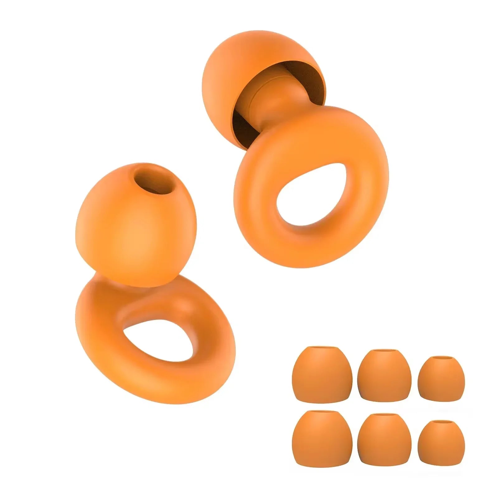 Orange reusable silicone earplugs with six spare tips