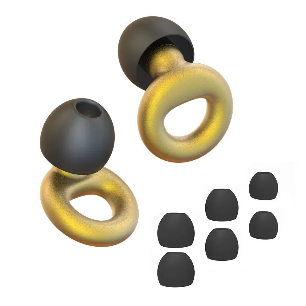 Gold metallic reusable silicone earplugs with spare tips