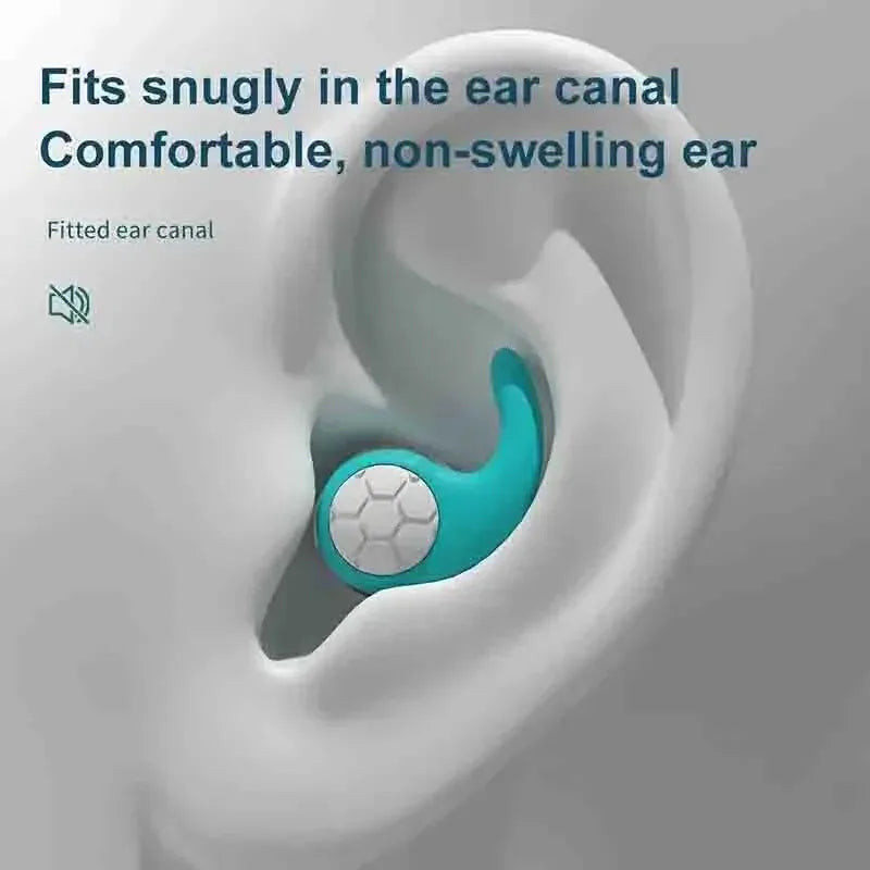 Cutaway illustration of an ear with a turquoise soft silicone earplug seated at the entrance of the ear canal