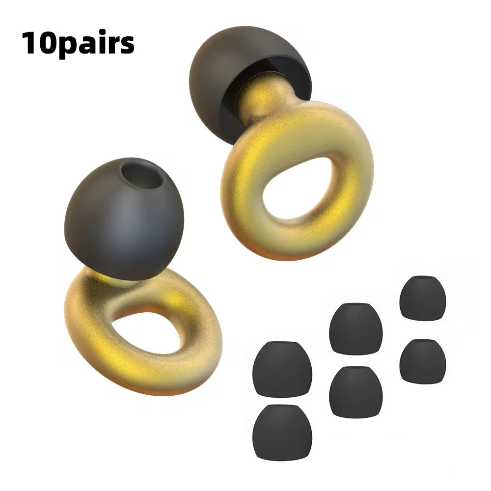 Ten pairs of silicone earplugs in black and gold, shown with spare ear caps
