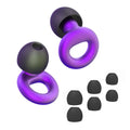 Purple reusable silicone earplugs shown with black spare tips